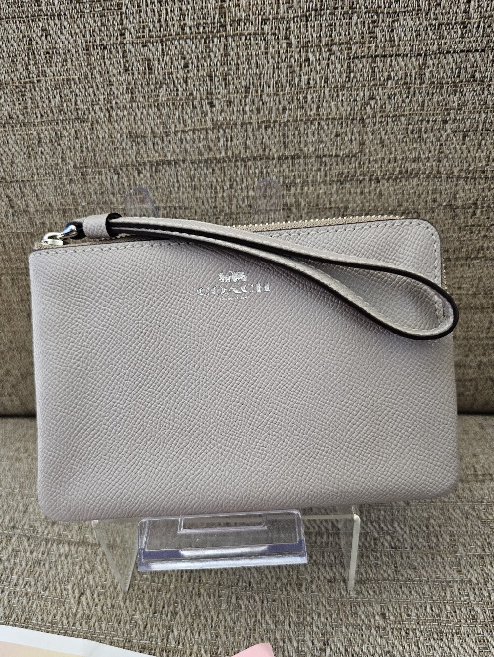 Coach Gray Textured Leather Corner Zip Wristlet with silver trim– NWOT